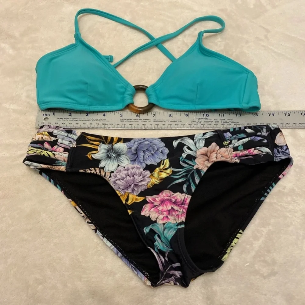 No Boundaries Seafoam Bikini with Floral Black Bottom